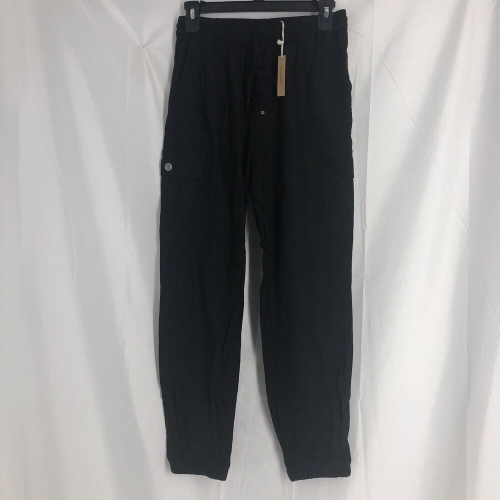 LOVE TREE Womens Size Small Black Pull On Linen Blend Cargo Jogger Pants